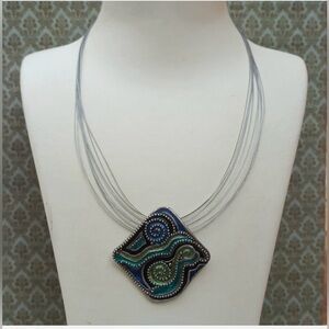 Chico's Vintage Blue and Green Abstract Enamel Art Multi Strand Necklace